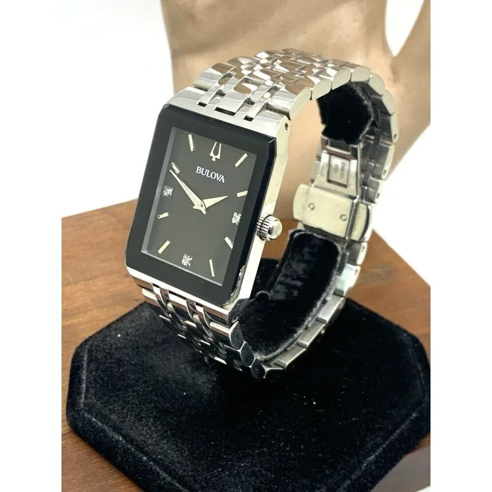 Bulova Men's Watch 96D145 Diamond Black Dial Silver Stainless Steel Quartz CHIP